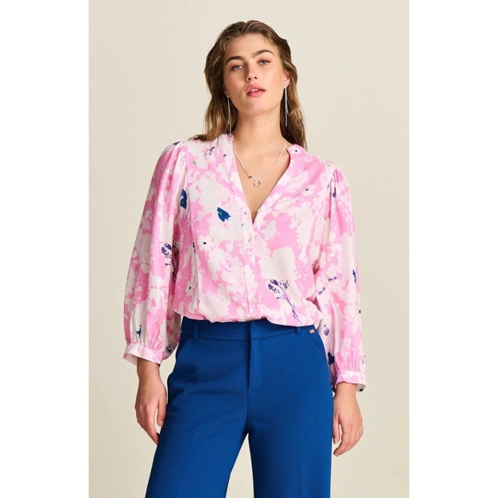 POM Amsterdam Lilies Pink Blouse Floral Linen Blend Button Lagenlook Boho Sz 10